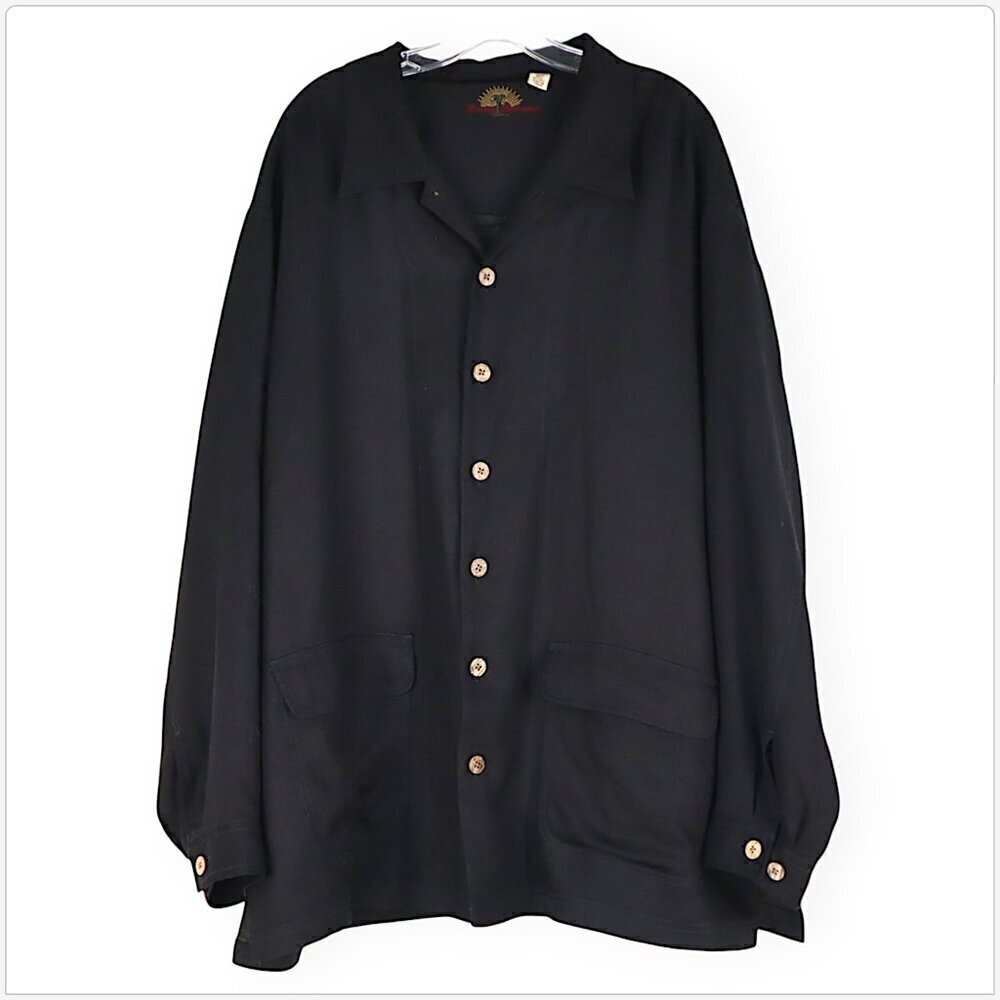 Tommy Bahama Black 100% Silk Oversized Button Front Jacket Shirt Pockets Size XL
